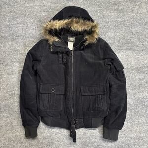 Vintage GUESS JEANS Courduroy Black Bomber Jacket Fur Trim Buckle Large